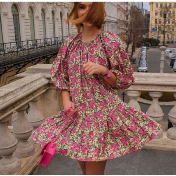 Zara Floral Puff Sleeve Mini Dress Pink Size L / Pristine - Picture 5 of 9